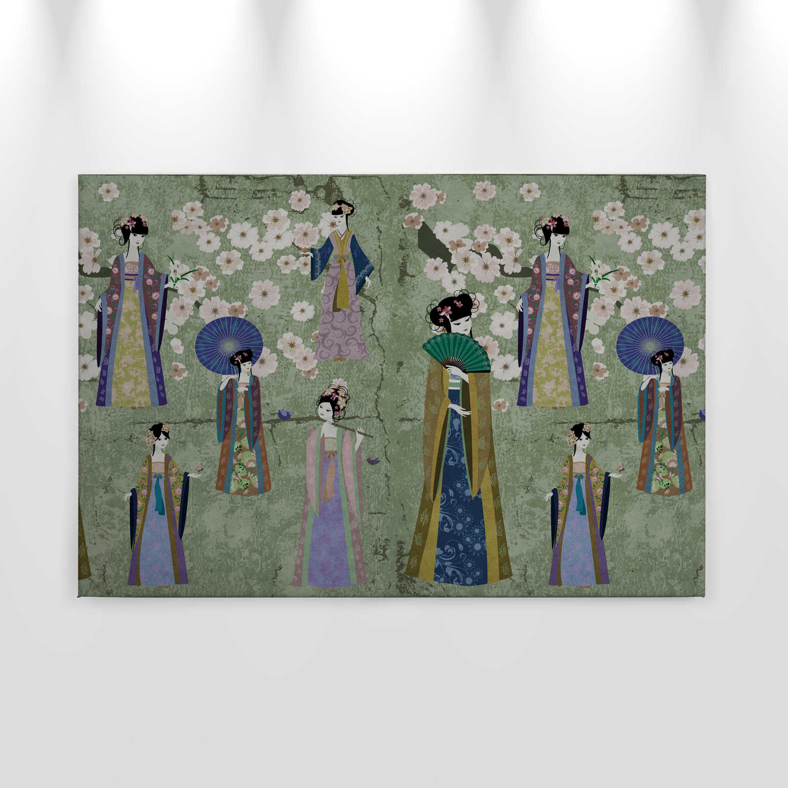             Pintura en lienzo Japón Comic con cerezos en flor | verde, azul - 0,90 m x 0,60 m
        