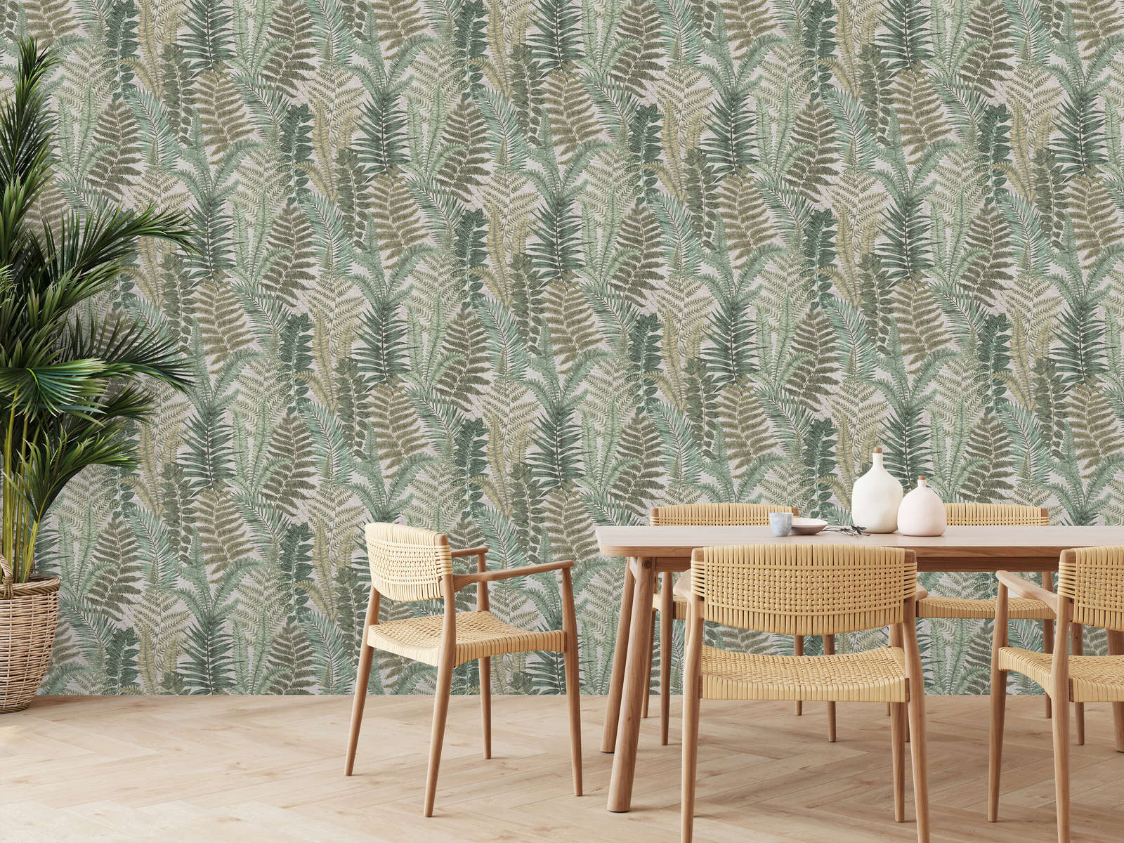             wallpaper floral with fern leaves light textured, matt - beige, green, brown
        