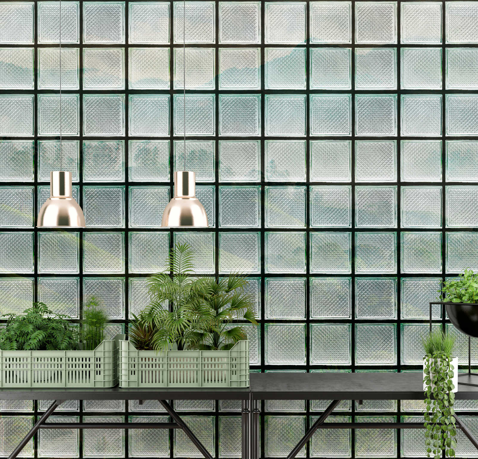             Green House 3 - Papier peint fenêtre briques de verre & forêt tropicale
        