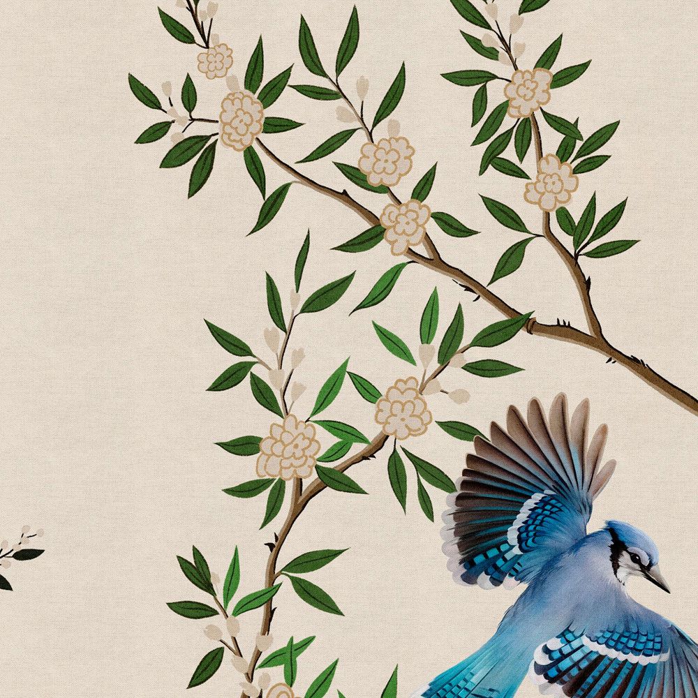             papier peint en papier panoramique »merula« - branches & oiseaux - clair avec structure lin | Intissé premium lisse et légèrement brillant
        