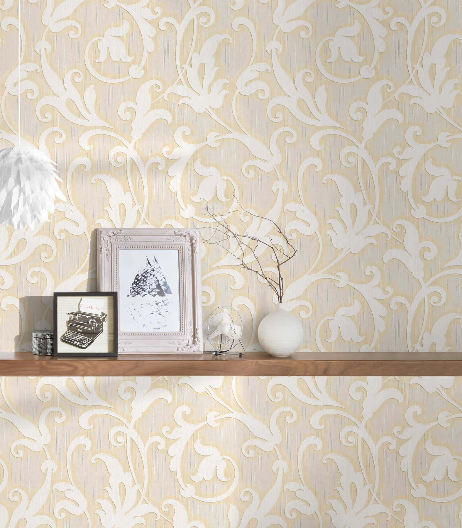             Ornament wallpaper with textured pattern for 3D effect - cream, metallic
        