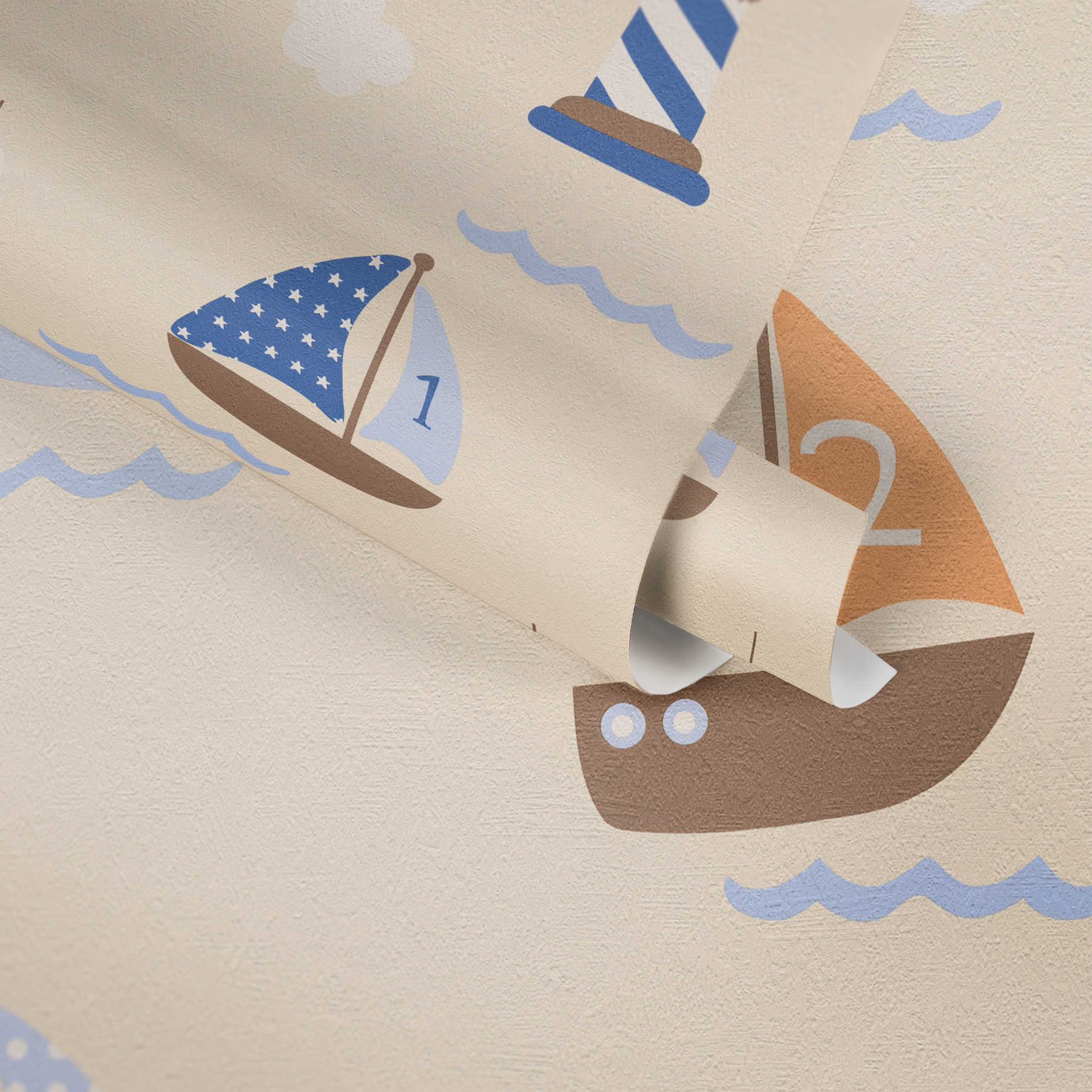             Kinderkamer behang met schip, boot & vuurtoren - blauw, beige
        
