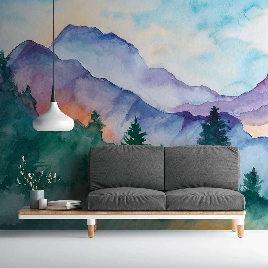 Aquarel geschilderd berglandschap muurschildering - kleurrijk
