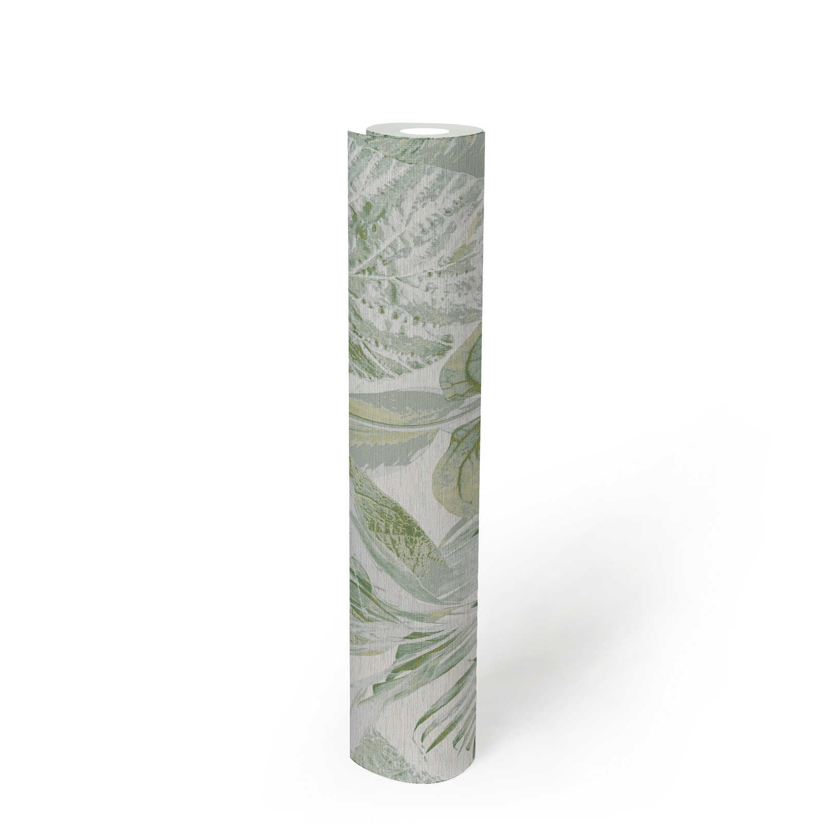             Papel pintado con motivos de hojas y selva brillo claro - verde, blanco, gris
        