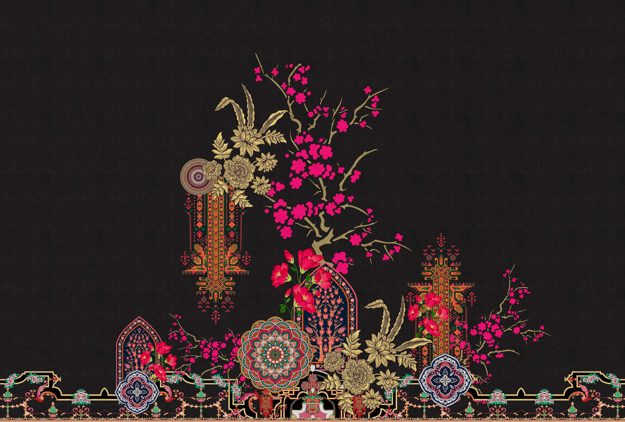             Oriental Garden 2 - Muurschildering Tropische Patronen & Bloesems
        