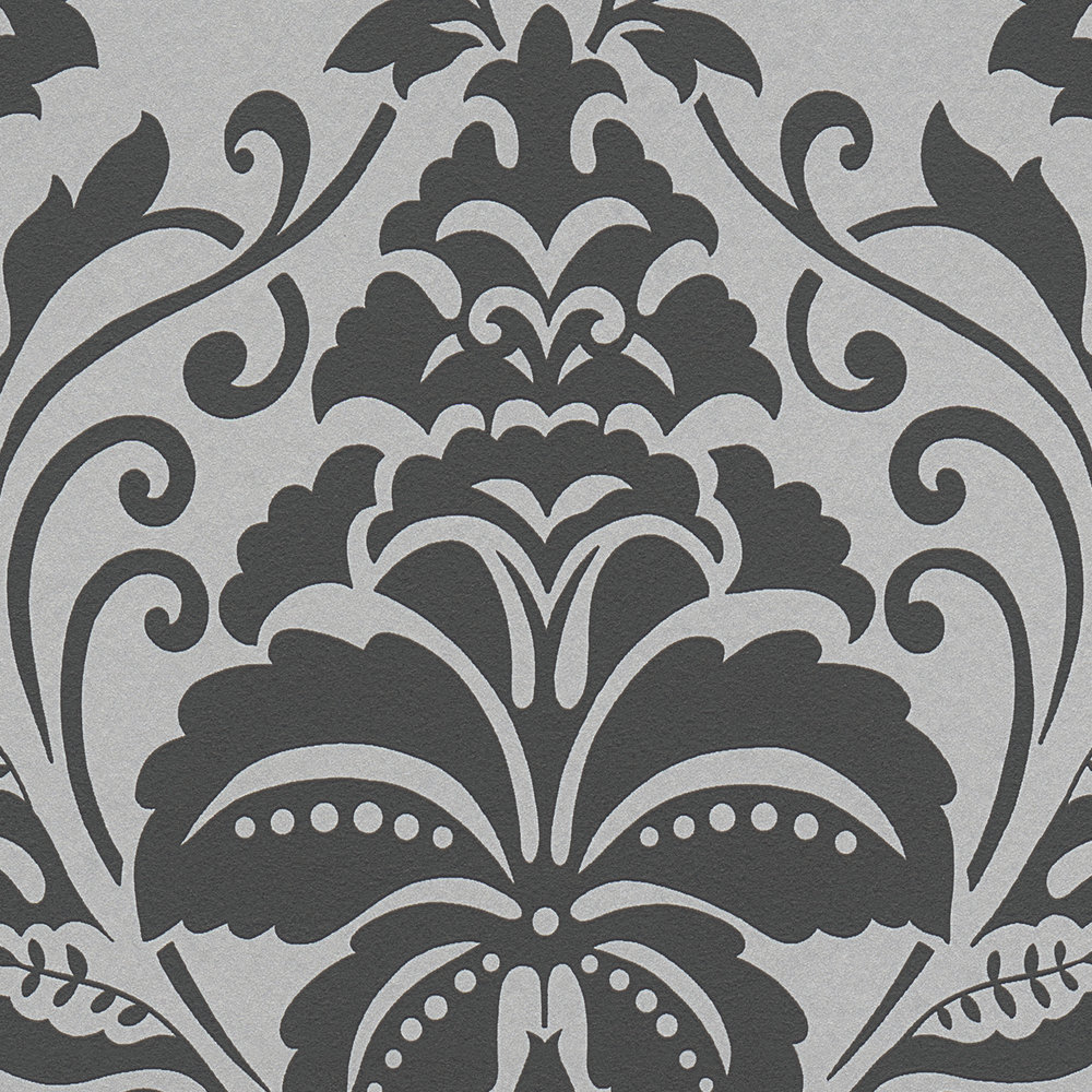             Neo-Klassiek Ornament behang, bloemen - grijs, zwart
        