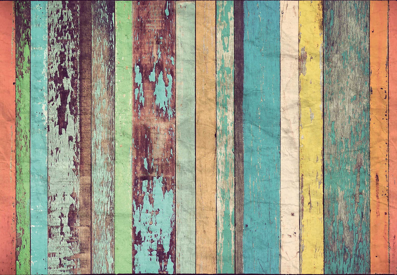         Boho photo wallpaper wood look colourful colours & used design
    