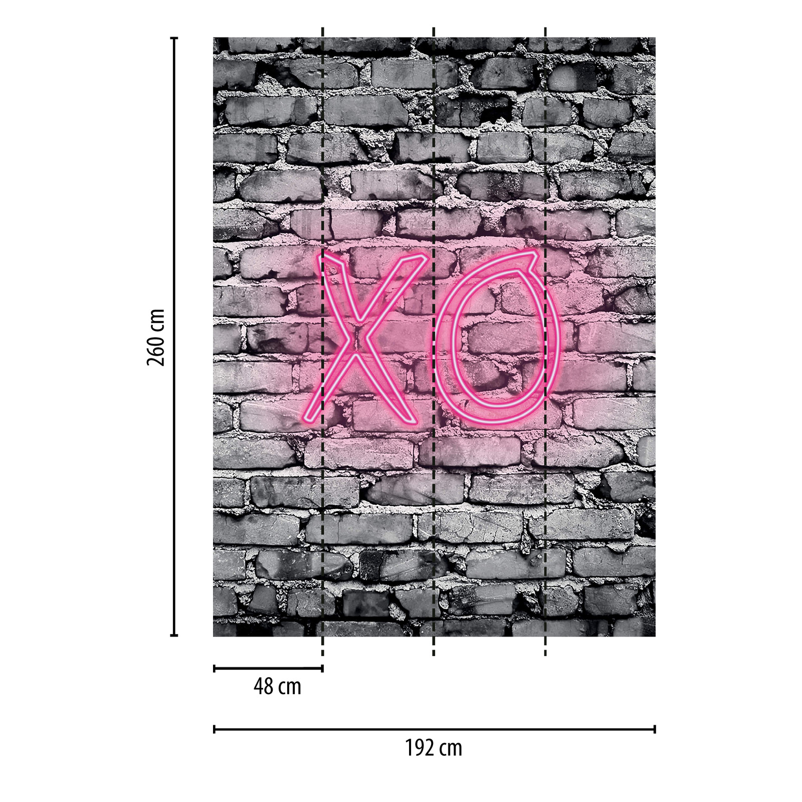             narrow mural illuminated letters XO on stone wall
        