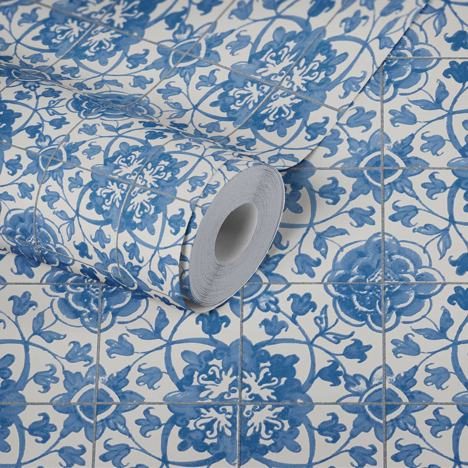             Zelfklevend behangpapier | Vintag style tile look - blauw, wit
        