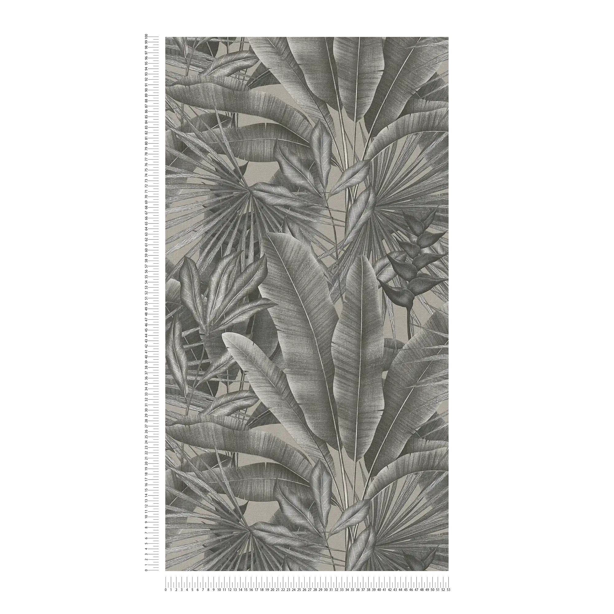             Vliesbehang met bladmotief in jungledessin - grijs, beige, zwart
        