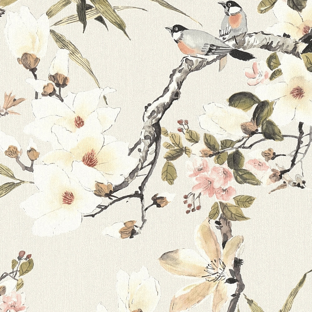             Papel pintado no tejido diseño naturaleza flores ramitas y pájaros - beige, multicolor
        