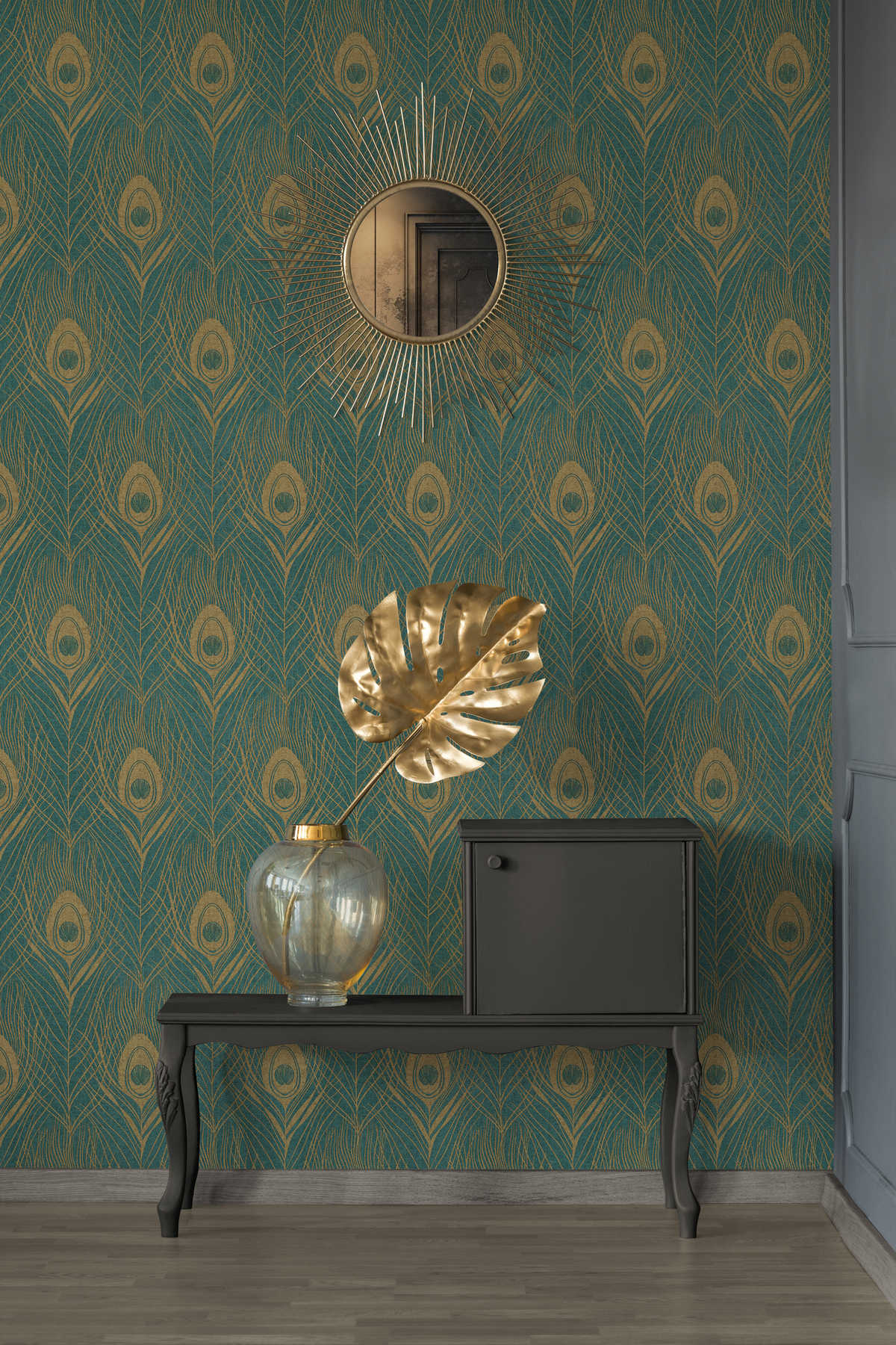             Aquamarine non-woven wallpaper with peacock feathers in metallic look - gold, green, yellow
        