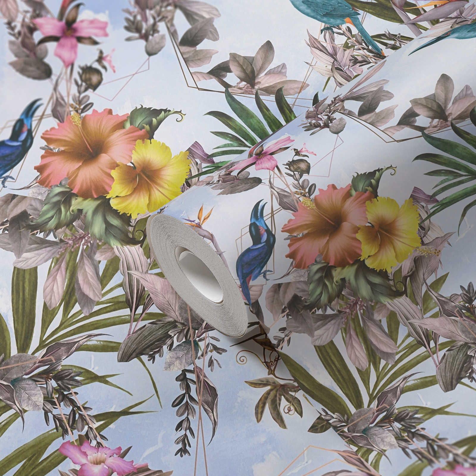             Floral wallpaper with birds & tropical look - colourful, blue, green
        
