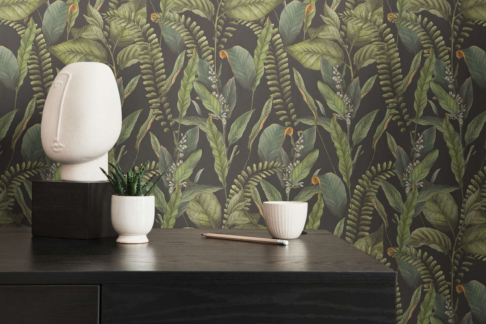             Floral style jungle wallpaper with leaves & flowers textured matt - black, green, orange
        