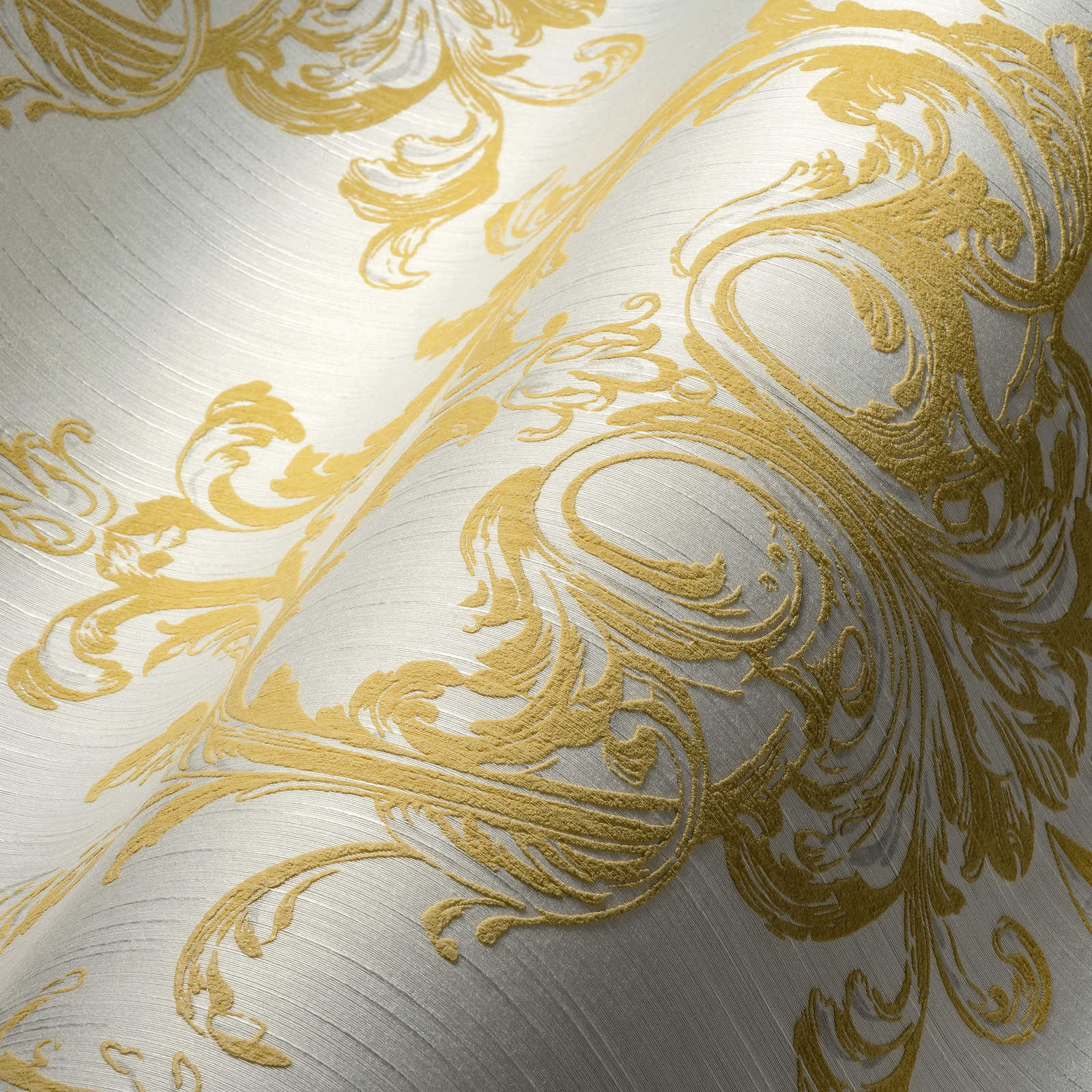             papel pintado no tejido diseño histórico de ornamento con efecto de estructura - oro, blanco
        