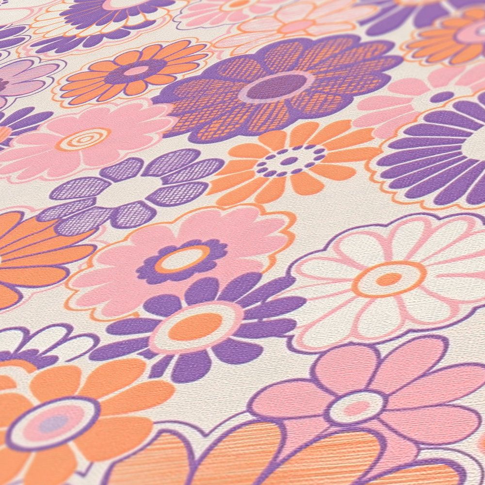             papier peint en papier intissé légèrement structuré avec motifs floraux - violet, orange, rose
        