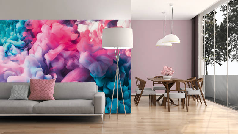             Colored smoke mural - pink, blue, white
        