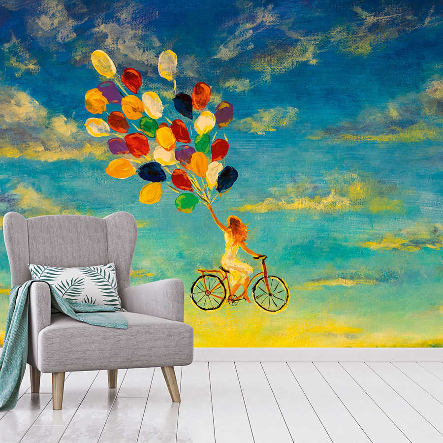 Mural de pared con Mujer en bicicleta en el cielo Pintura - Azul, Amarillo, Colorido
