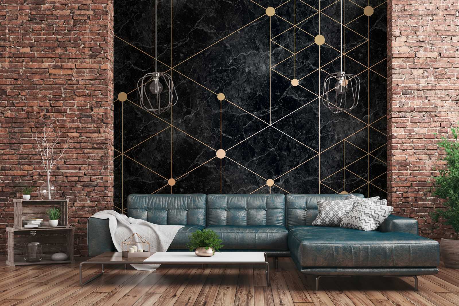             Behang noviteit - zwart marmer motief behang met goud design
        