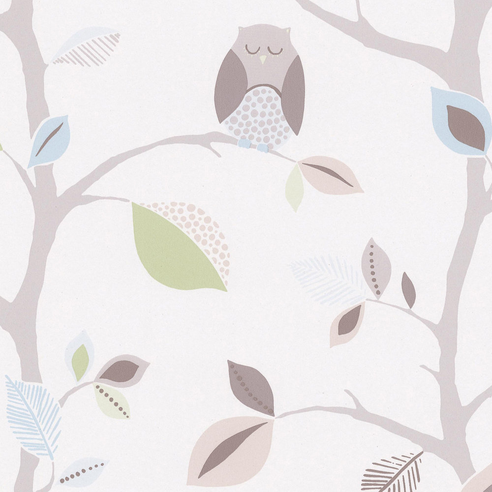             Nursery wallpaper paper with forest and owls - colourful, green
        