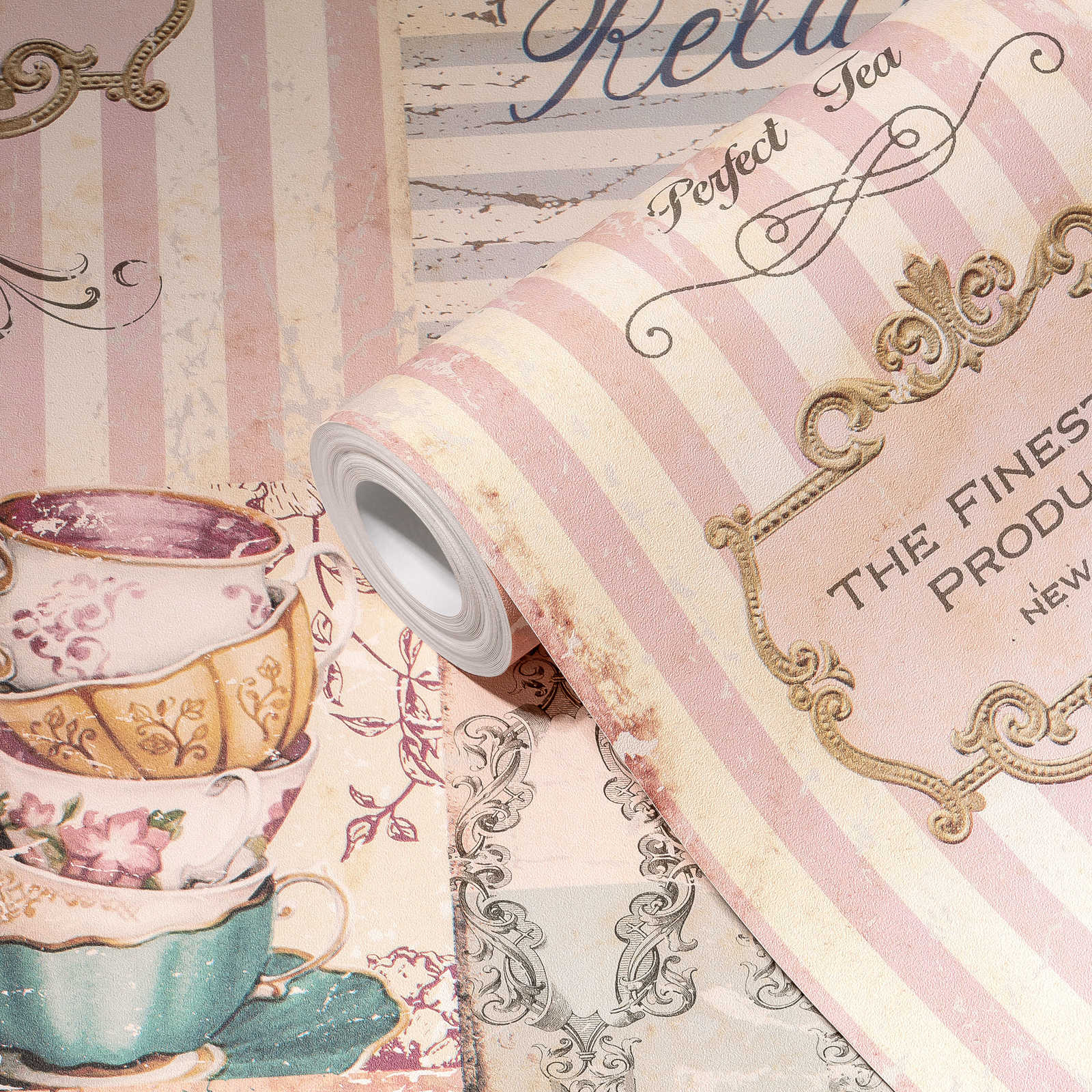             Papier peint cuisine Tea Time Collage style cottage - rose, gris, bleu
        