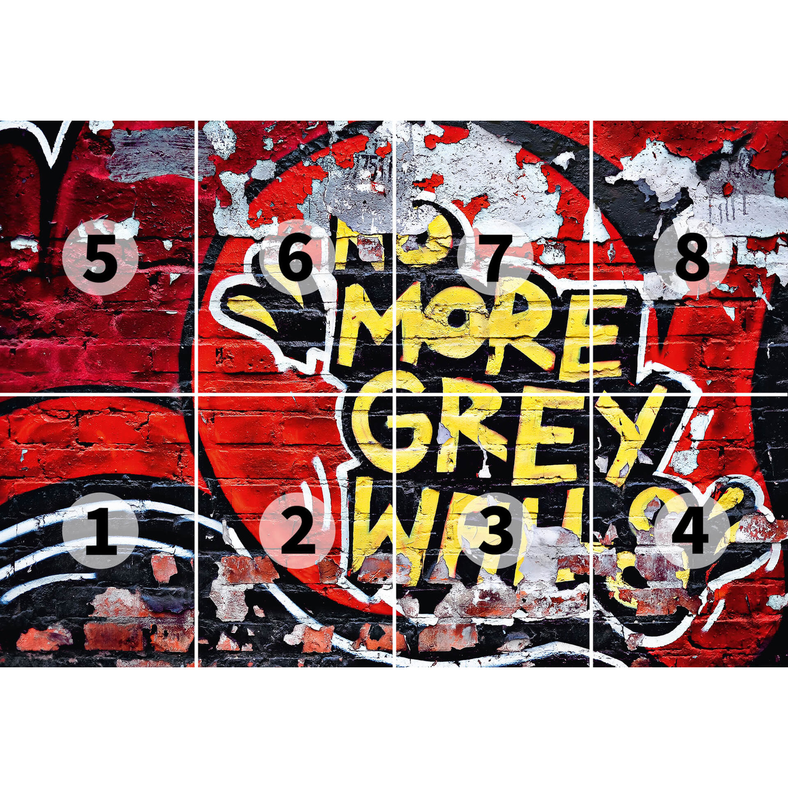             Stone look mural with colourful graffiti - red
        