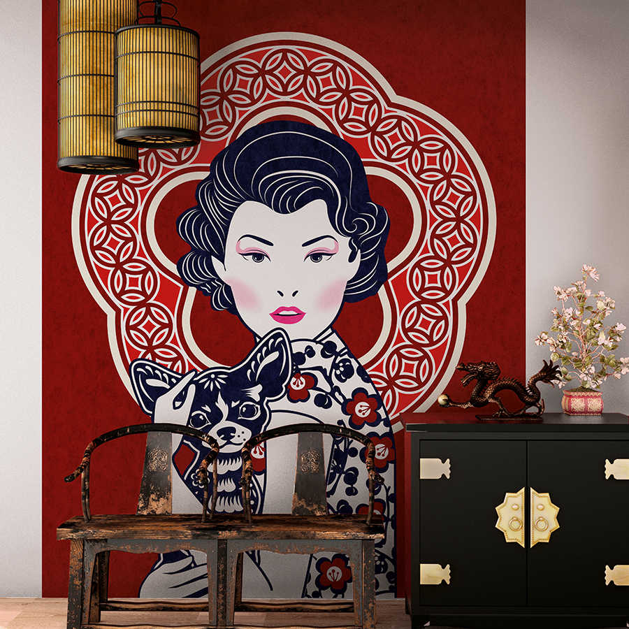         Photo wallpaper Woman with dog, Asian motif - Premium smooth fleece
    