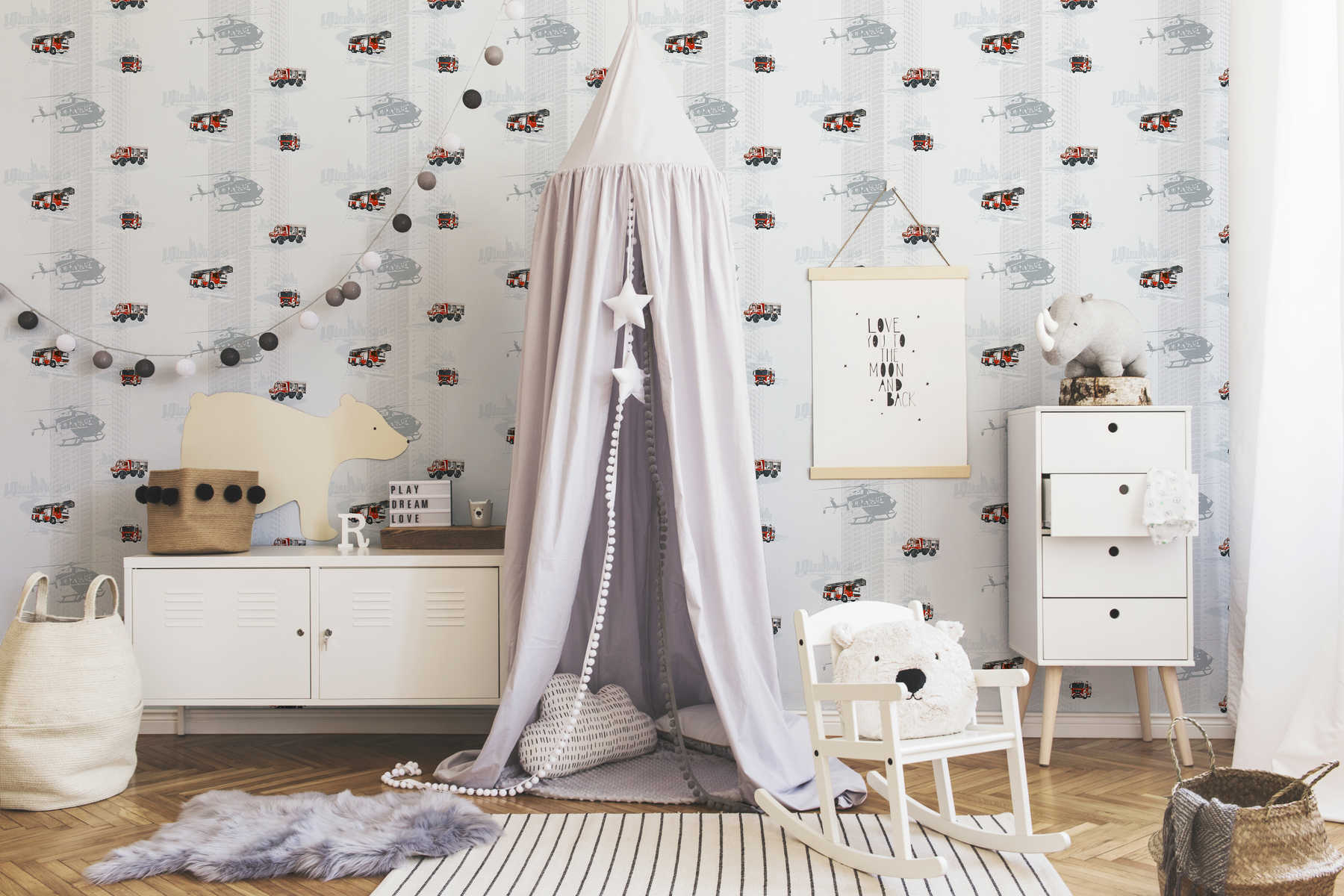             Kids room wallpaper fire department pattern for boys - grey, red, black
        