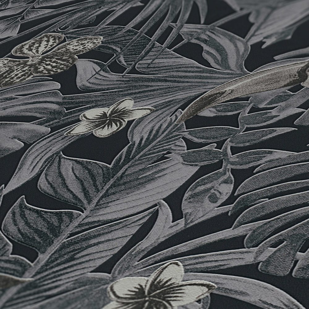             Exotic wallpaper tropical birds, flowers & leaves - grey, black, cream
        