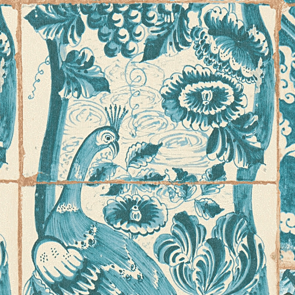             Wallpaper in tile & mosaic design - blue, green, brown
        