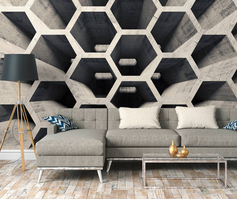             3D Photo wallpaper with honeycomb pattern & concrete look - grey, beige
        