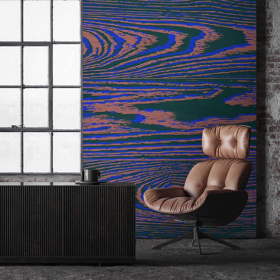 Kontiki 3 - Papier peint panoramique néon grain de bois, violet & noir

