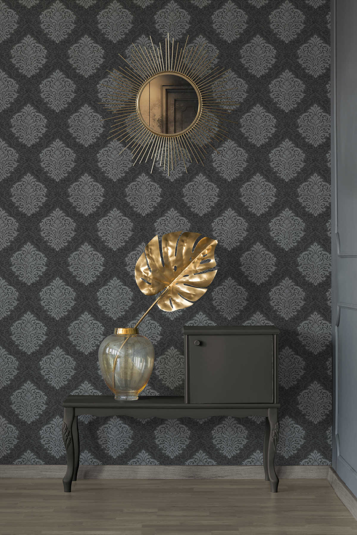             Floral ornamental wallpaper diamond pattern in ethnic style - silver, black, grey
        