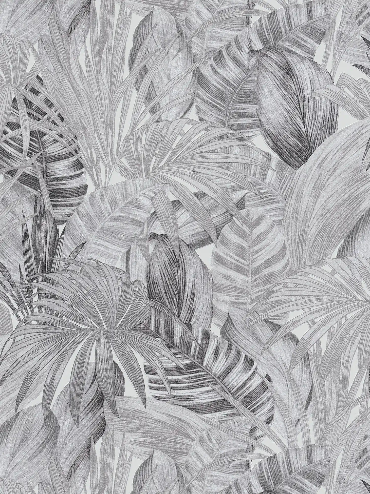 Papier peint à motifs avec feuilles dans le style dessin - noir, blanc, gris
