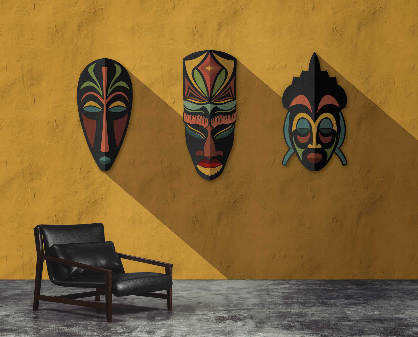             Zulu 1 - Muurschildering mosterdgeel, Afrika maskers Zulu Design
        