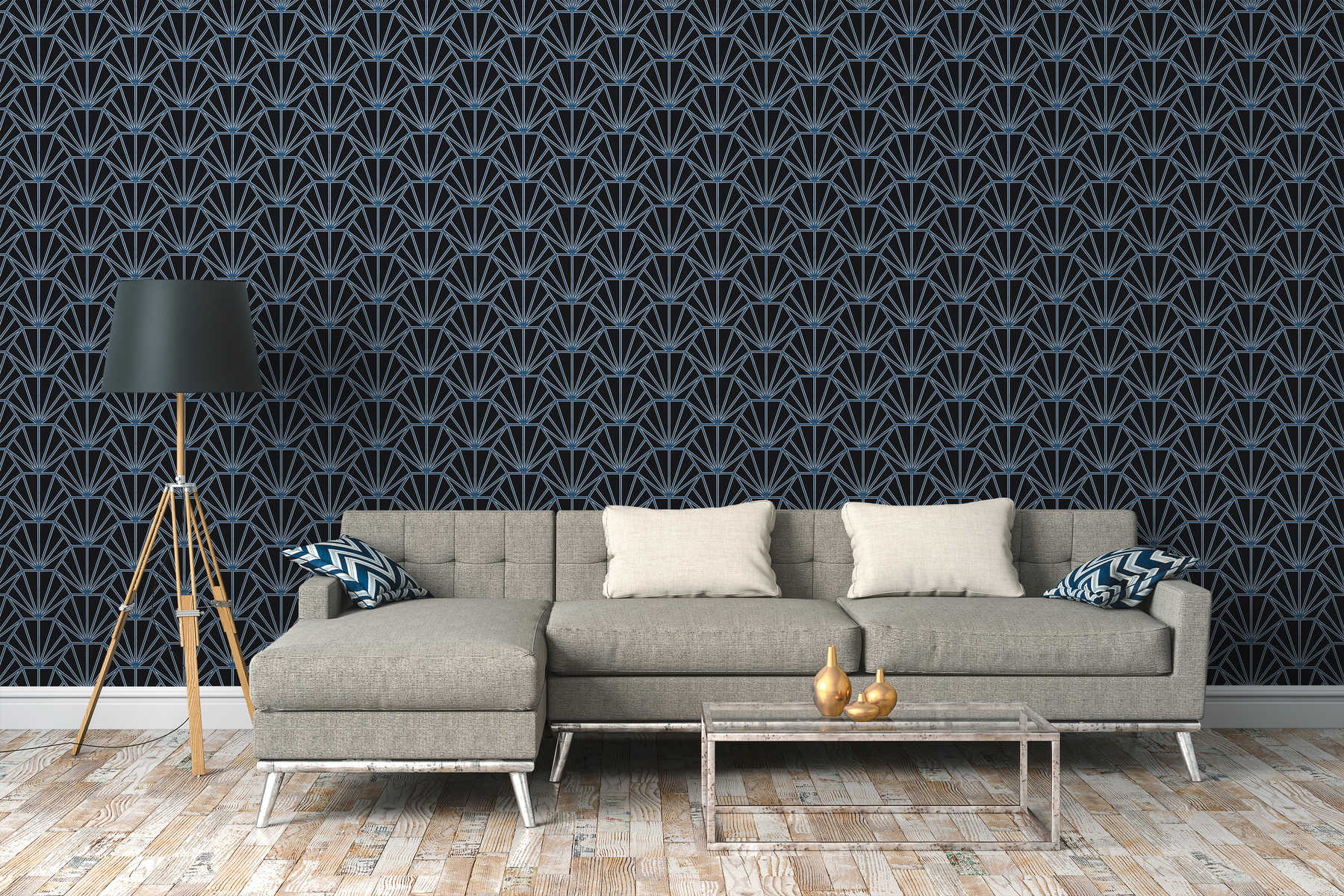             Art deco wallpaper patterned retro look - black, blue, white
        