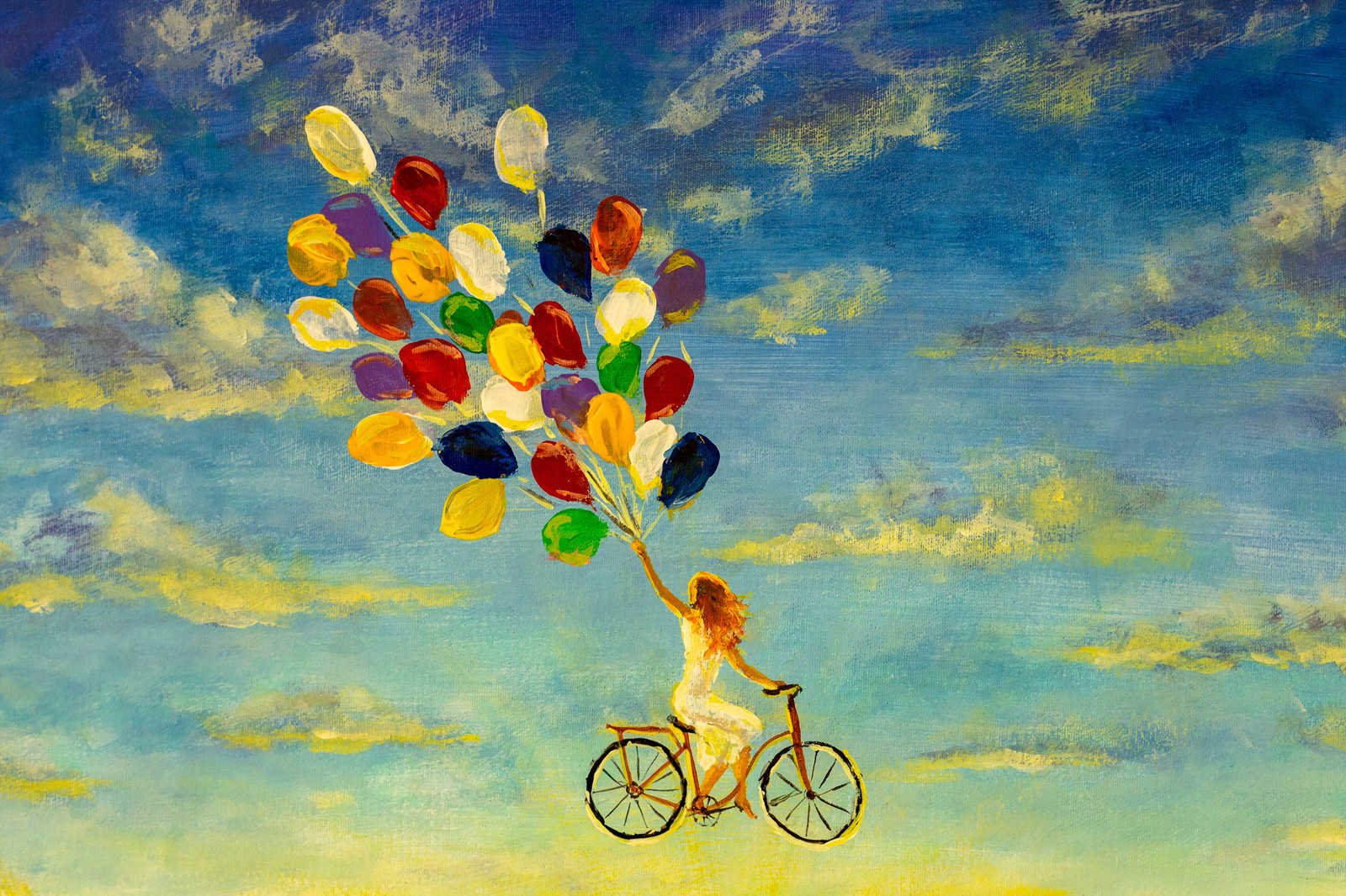             Canvas schilderij met Vrouw op fiets in de lucht - 0,90 m x 0,60 m
        