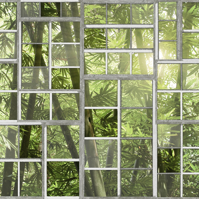         Photo wallpaper window with jungle view, retro look - green, grey, white
    