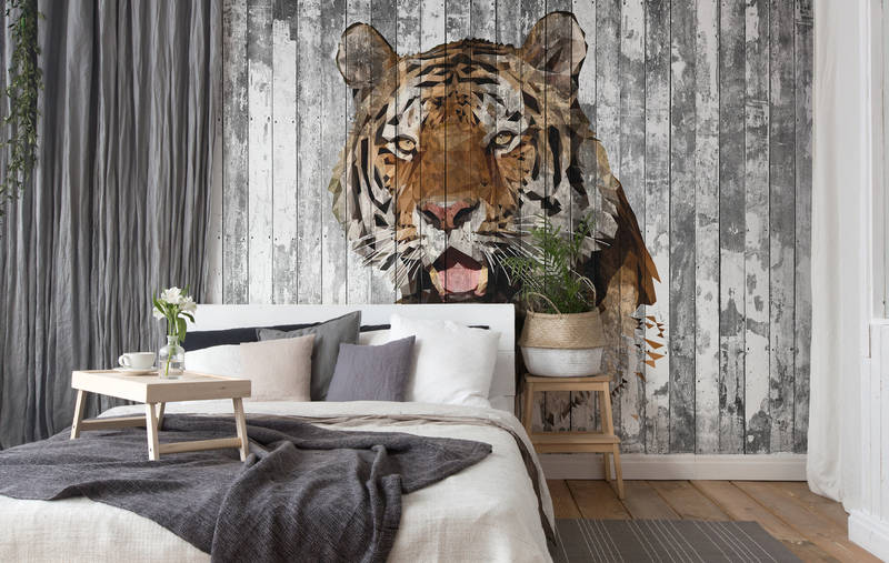             Carta da parati in stile poligono Tiger per la camera dei ragazzi - Marrone, grigio, bianco
        