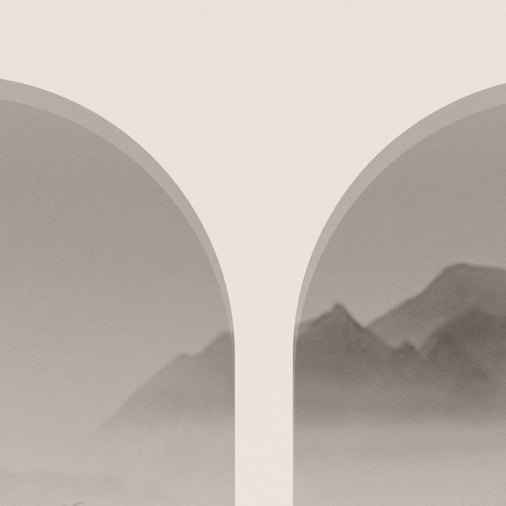             Photo wallpaper »valley« - mountains & fog in curves - grey, white | Smooth, slightly shiny premium non-woven fabric
        
