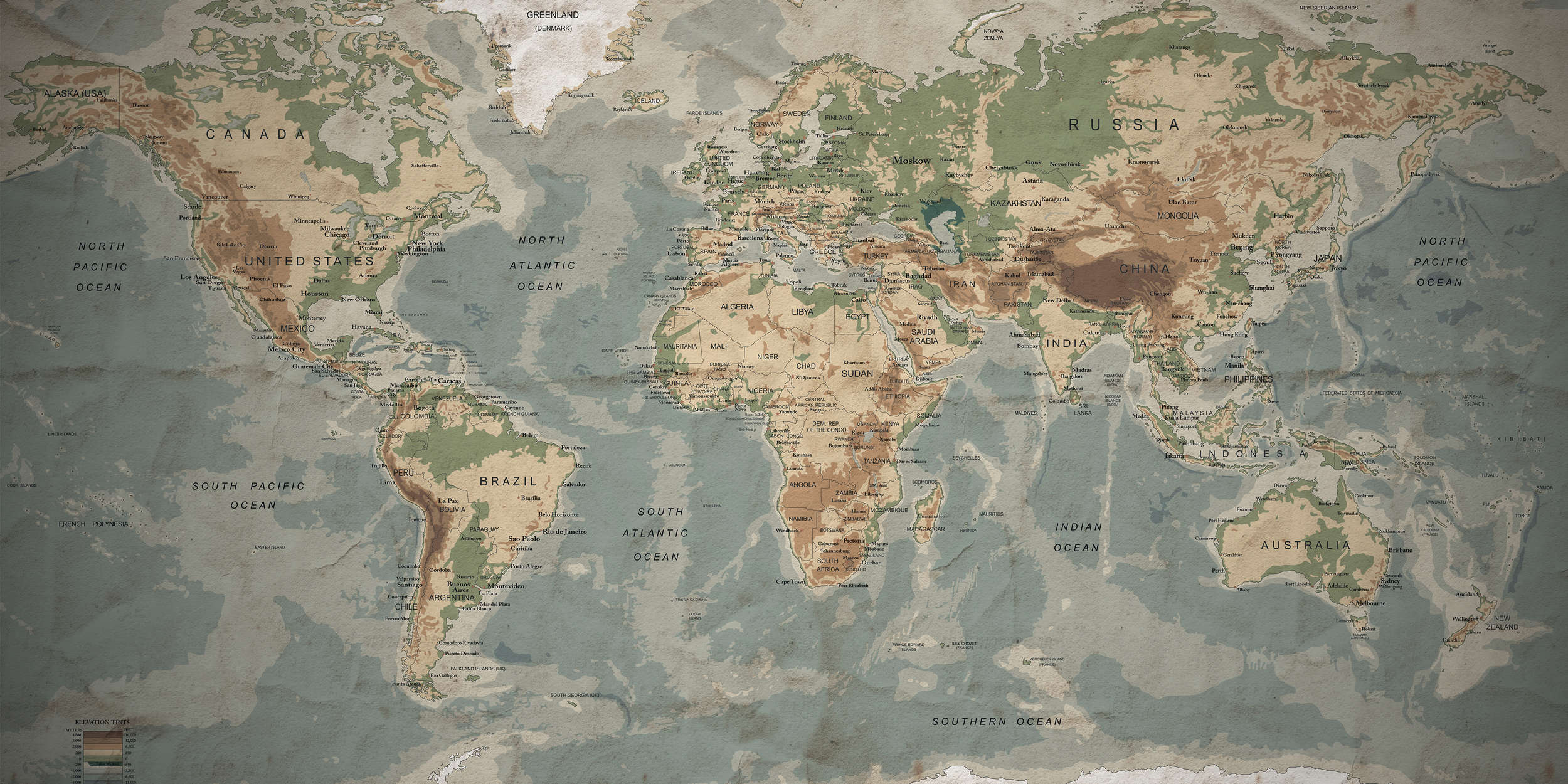             Papel pintado retro Mapa del mundo con diseño tipográfico
        