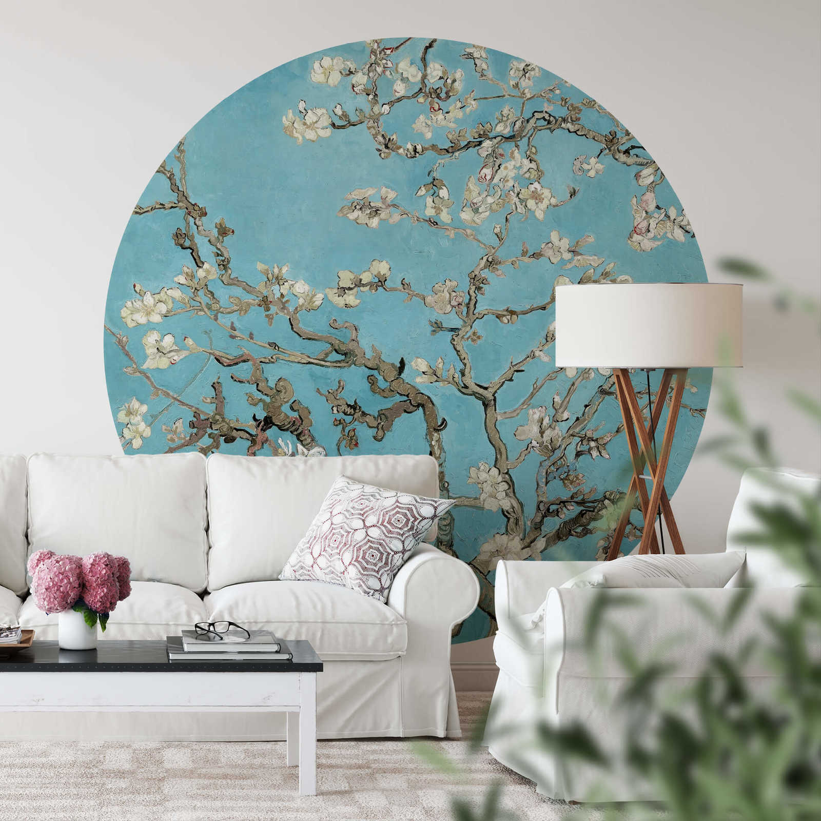             Round photo wallpaper almond blossoms in blue and white
        