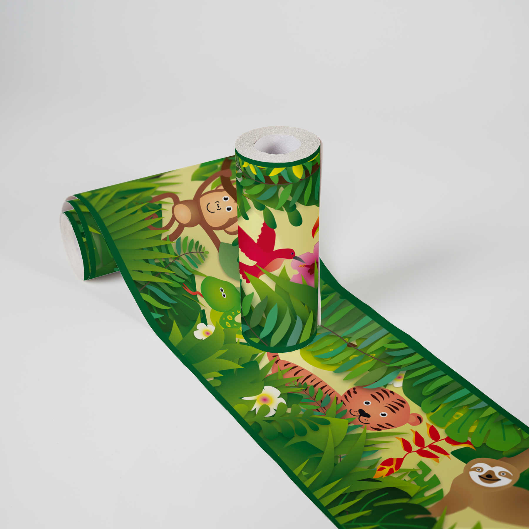             Papel pintado para niños "Jungle Paradise" cenefa autoadhesiva - verde, marrón, rojo
        