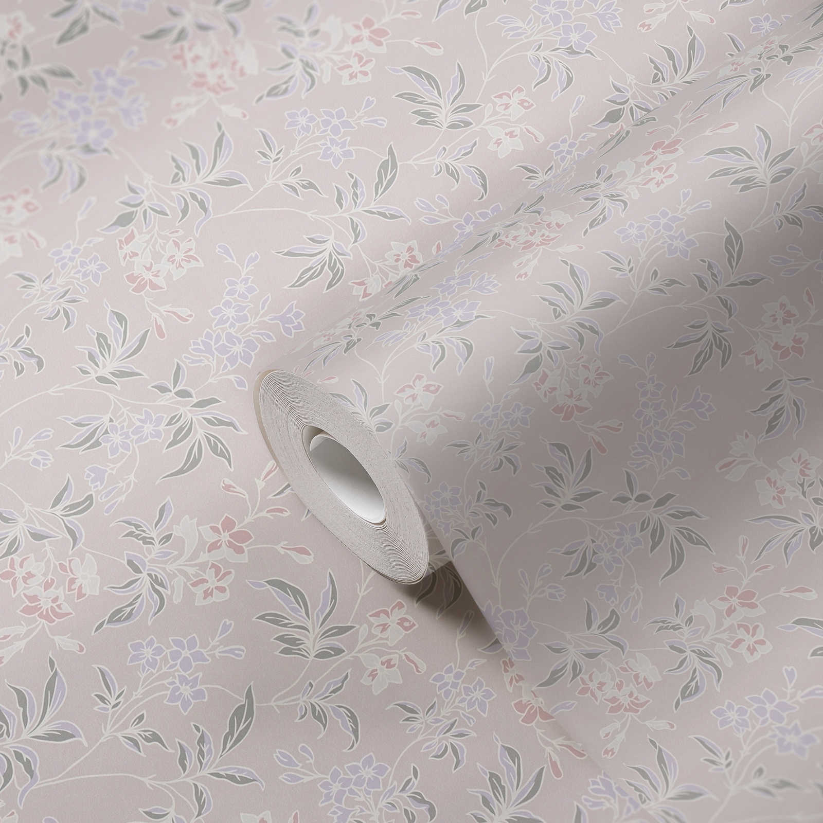             Carta da parati in tessuto non tessuto in stile inglese con motivi floreali - crema, rosa, viola
        