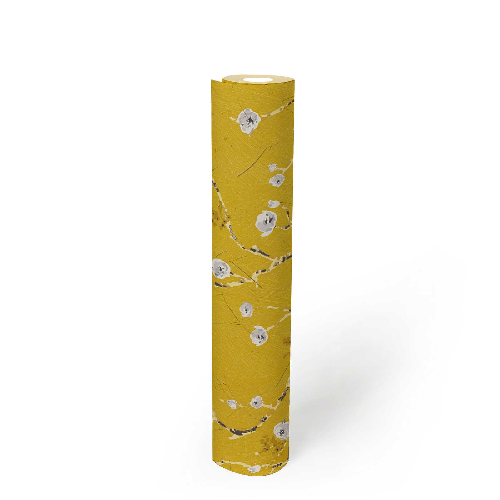             Papel pintado amarillo con ramas florecidas en estilo de dibujo
        