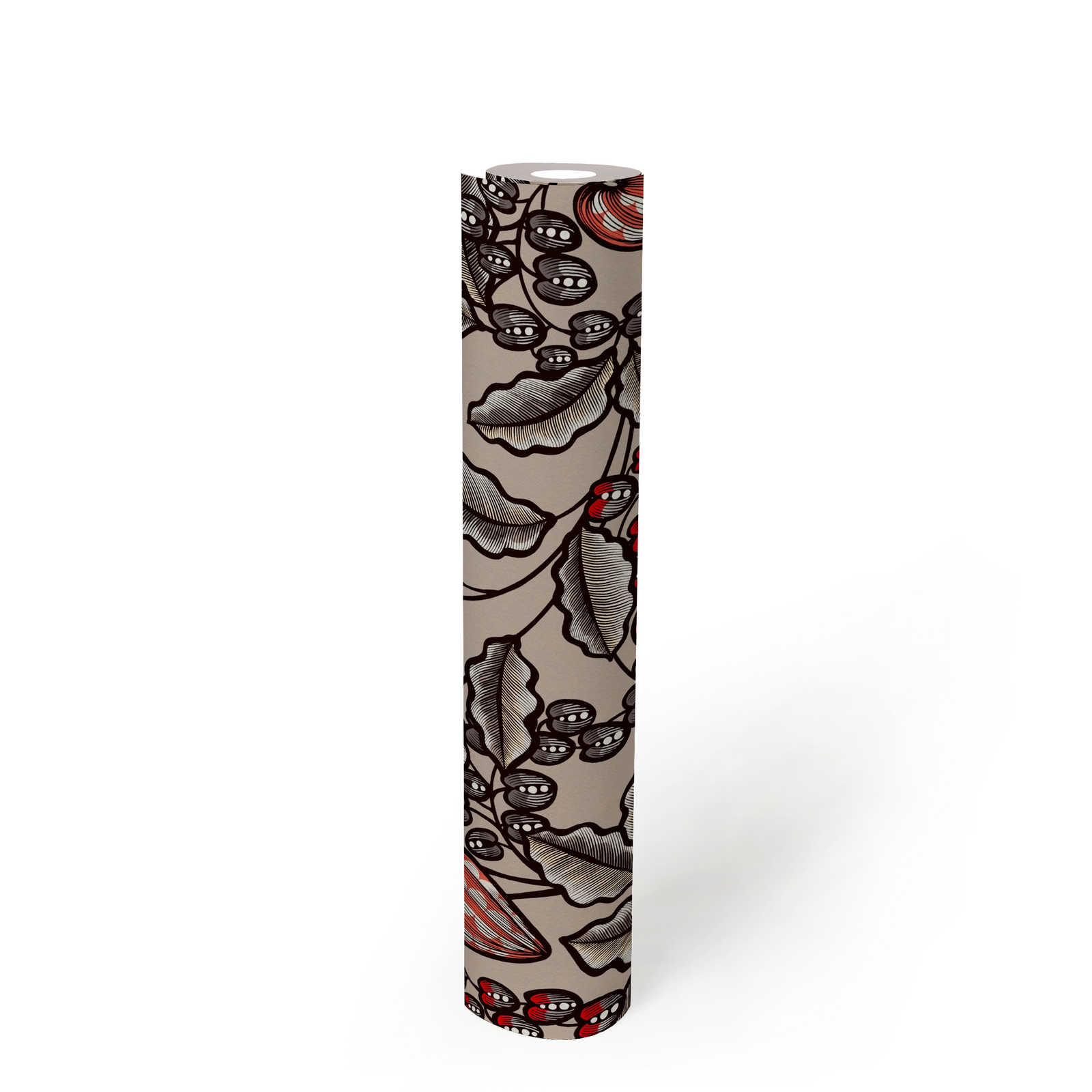             behang greige modern bloemen & bladeren design - bruin, grijs, rood
        
