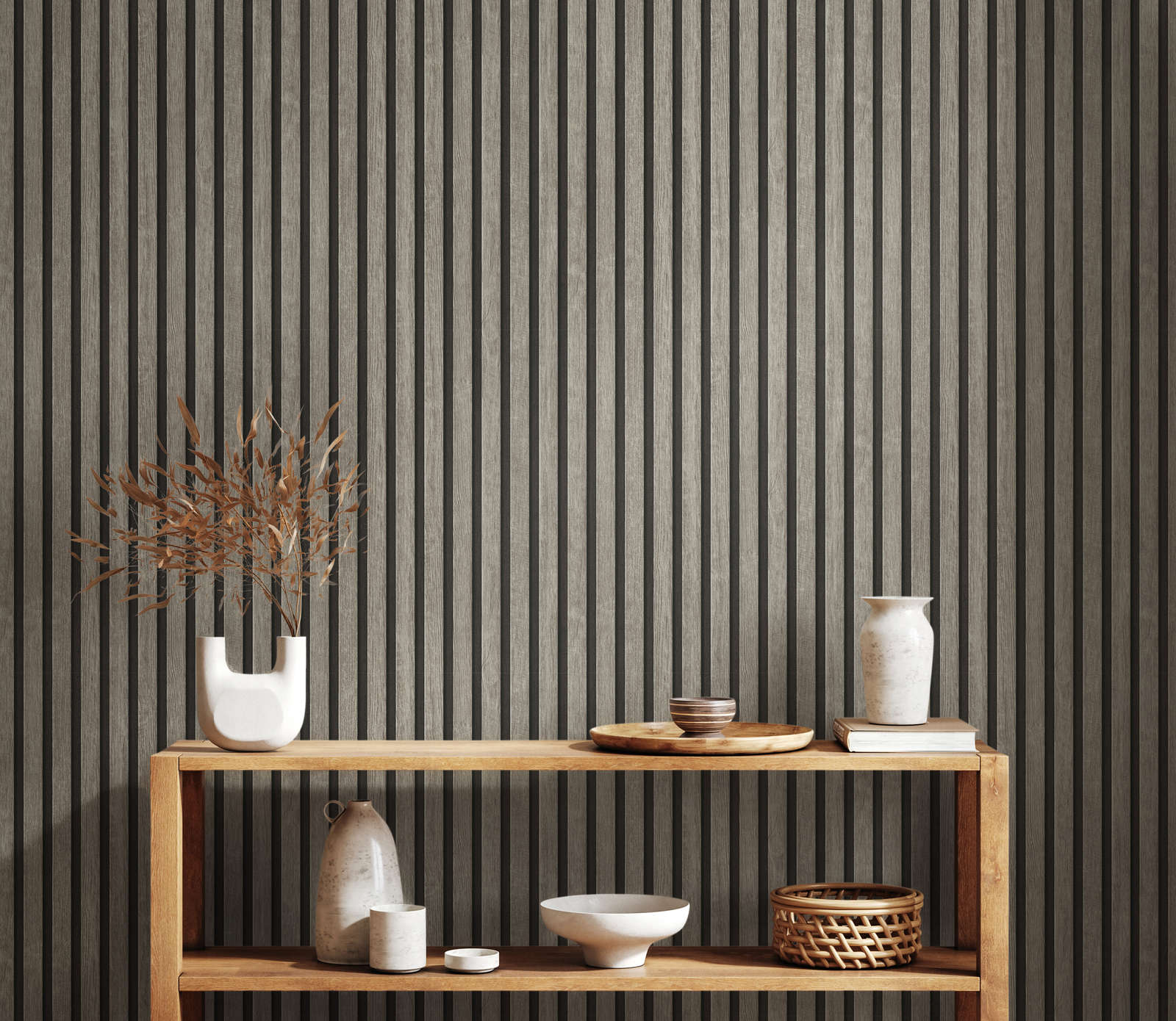            Wood panel wallpaper with fine structure - grey, black
        