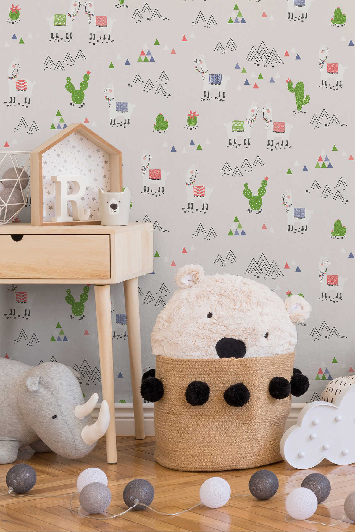             Nursery wallpaper llama colourful pattern & textile look- grey,
        