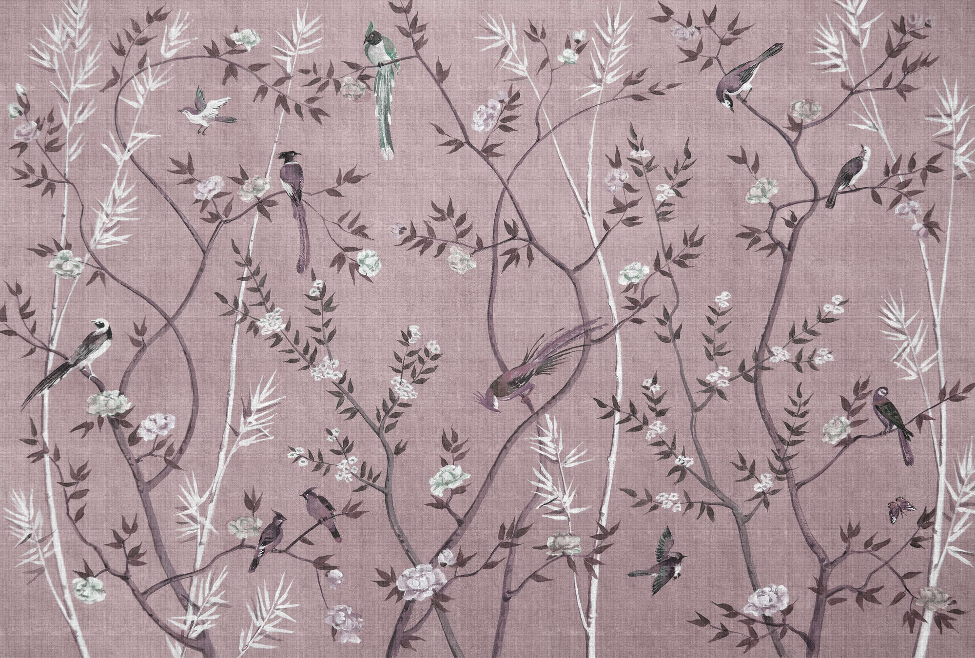             Tea Room 3 - Papier peint panoramique Oiseaux & Fleurs Design en rose & blanc
        