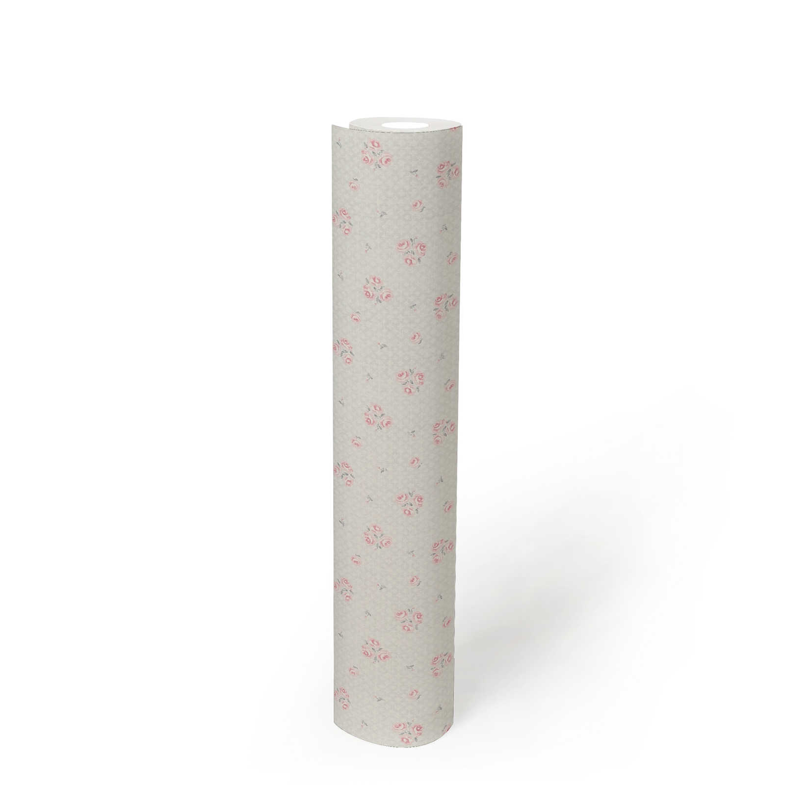            Papel pintado no tejido con fino motivo floral Shabby Chic - gris claro, rojo, blanco
        